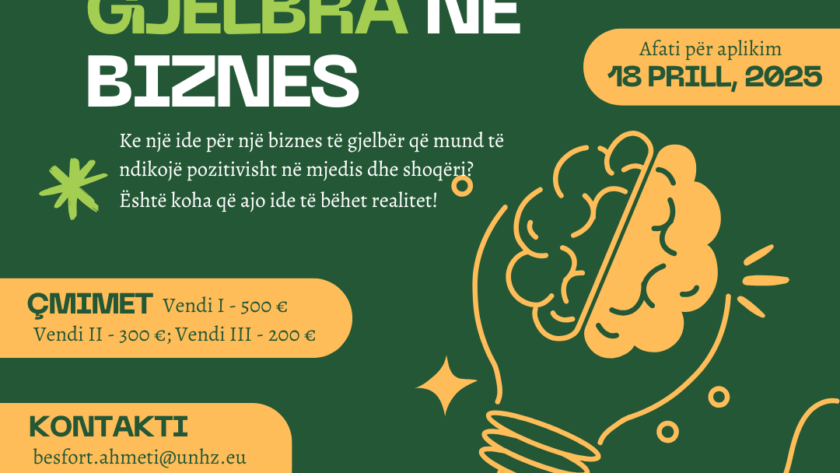 Poster i Garës për Idetë e Gjelbra në Biznes në Universitetin “Haxhi Zeka”, duke ftuar studentët të propozojnë ide inovative për një mjedis më të qëndrueshëm.