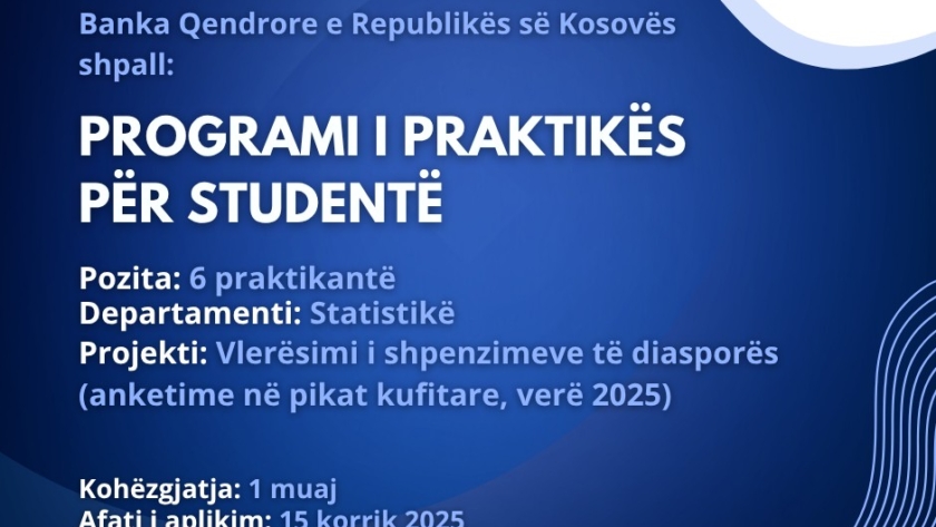 Programi i Praktikës për Studentë BQK 2025 - Banka Qendrore e Republikës së Kosovës