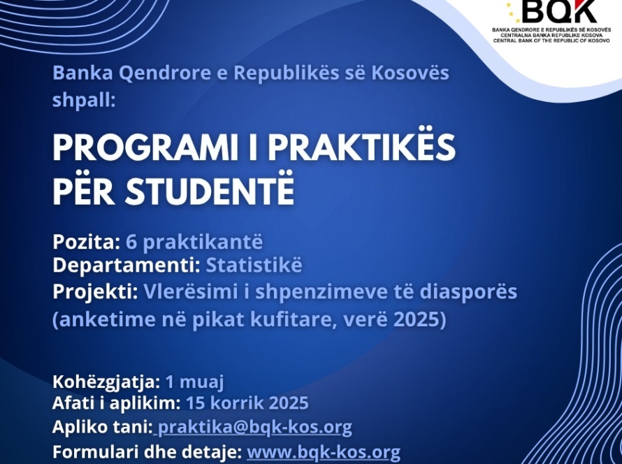 Programi i Praktikës për Studentë BQK 2025 - Banka Qendrore e Republikës së Kosovës